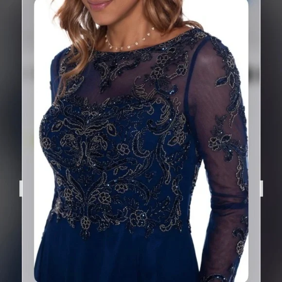 XSCAPE Long Sleeve Boatneck Sheer Illusion Beaded Chiffon Gown in Navy Size 16 - Picture 3 of 4